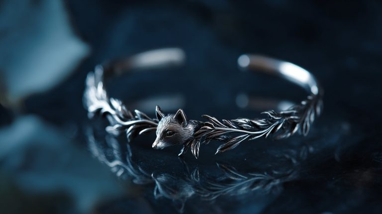 A delicate nine-tailed fox bracelet on a dark surface.