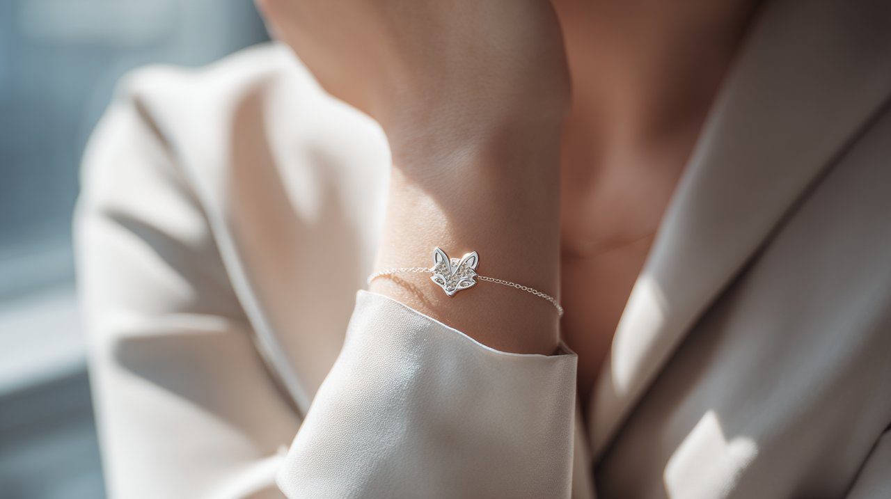 O pulso de uma pessoa adornado com uma elegante pulseira de raposa de nove caudas, complementando uma roupa minimalista.