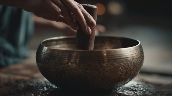 Primer plano de una mano tocando un cuenco tibetano.