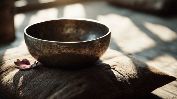 Un cuenco tibetano ancestral irradiando energía pacífica.