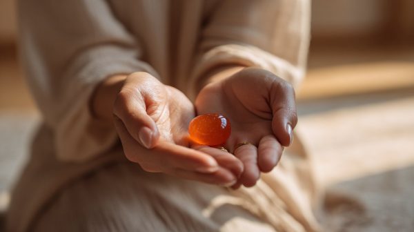Una persona meditando mientras sostiene un pequeño cristal naranja cerca de su chakra sacro.