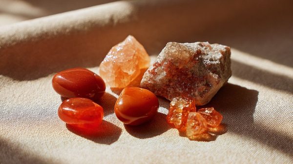 Una colección de vibrantes cristales y gemas naranjas.