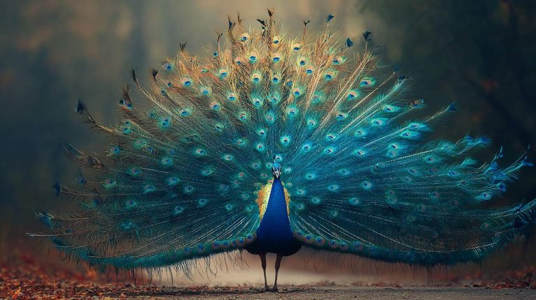 A majestic peacock displaying its iridescent tail, symbolizing wisdom.