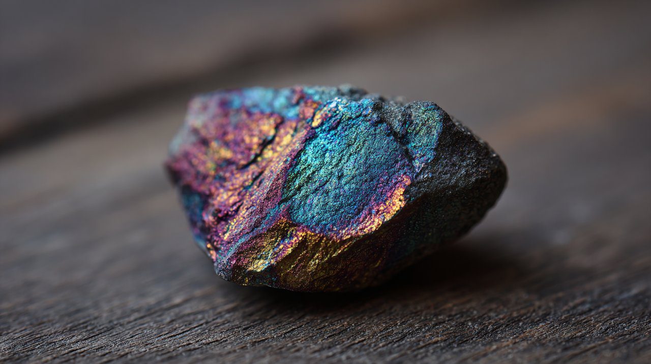 Um pequeno minério pavão (Bornita) iridescente.