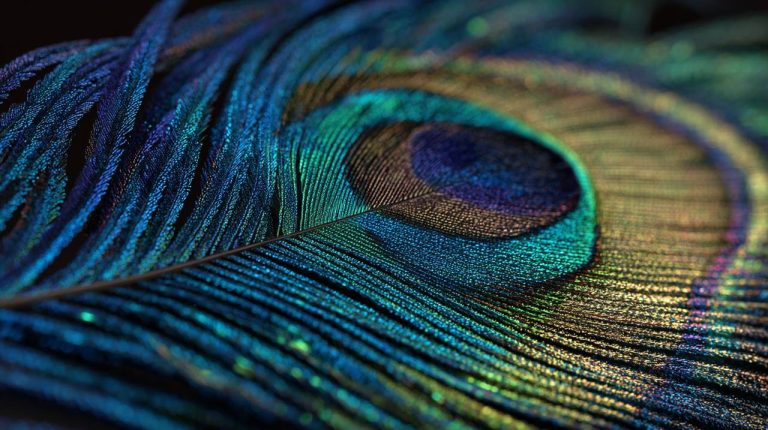 A single vibrant peacock tail feather displaying iridescent colors.