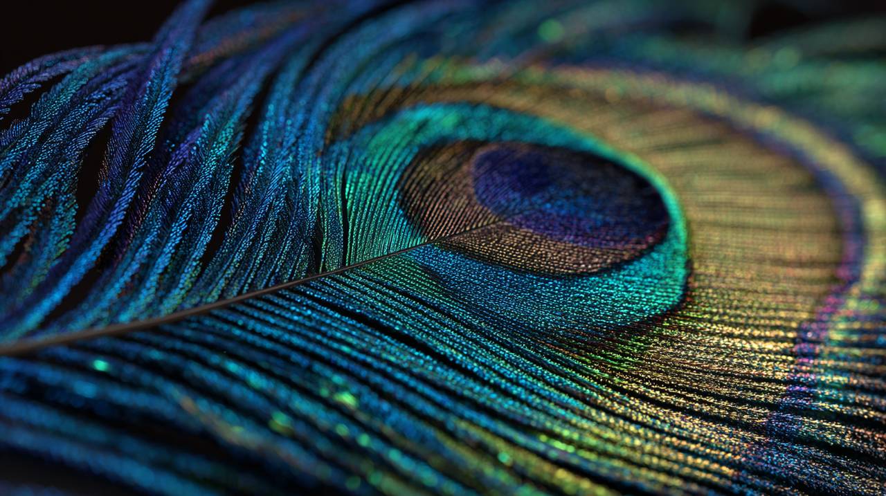 Uma única pena de cauda de pavão vibrante exibindo cores iridescentes.