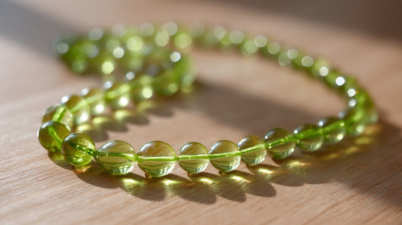A peridot bead necklace on a wooden surface.