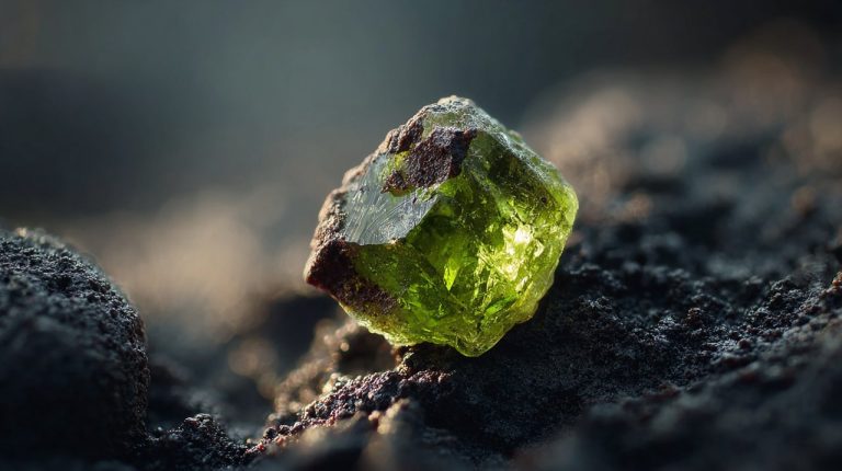 A small rough peridot crystal near volcanic rock.