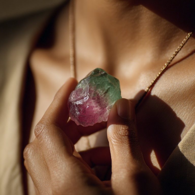 A hand holding a pink and green crystal near the heart chakra.