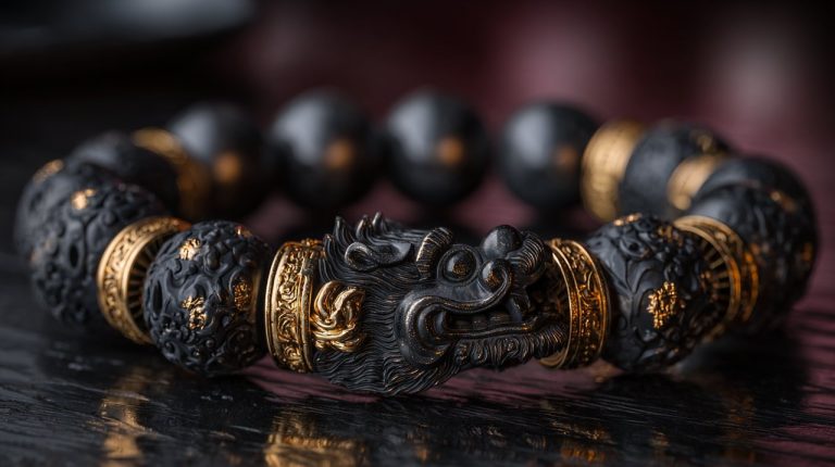 A detailed Pixiu bracelet on a dark background