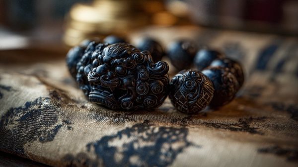 A detailed close-up of a black obsidian Pixiu bracelet.