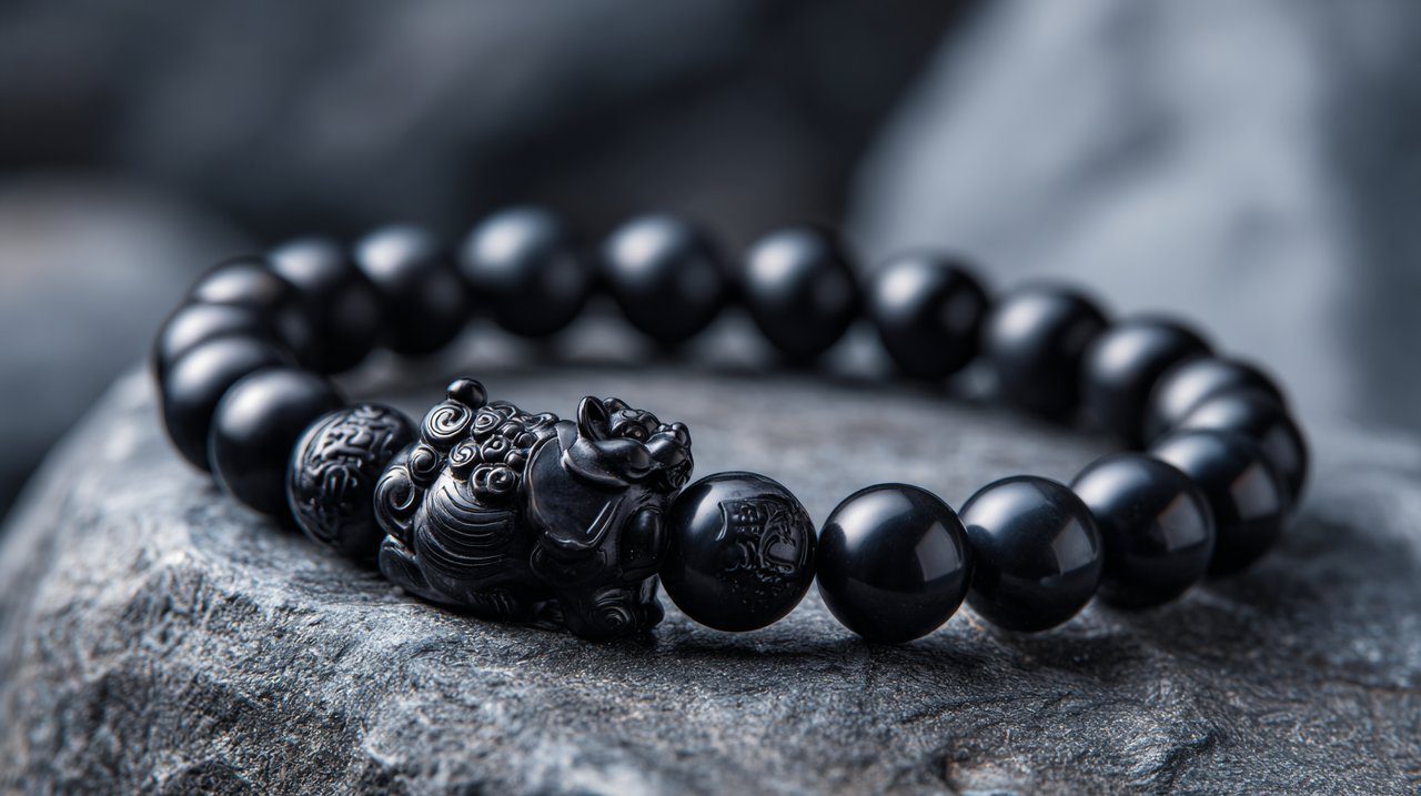 A black obsidian Pixiu bracelet on a stone background.