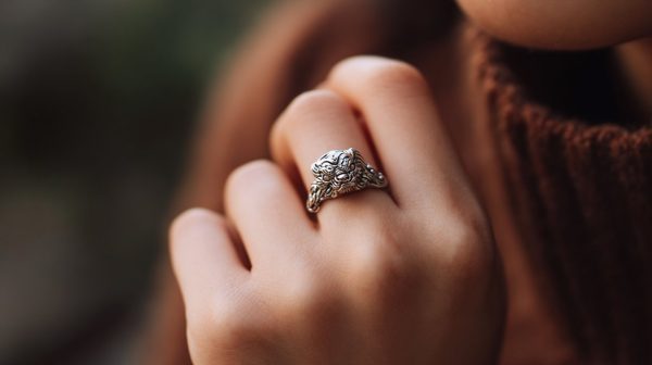 Cincin Pixiu yang dikenakan di tangan, dengan fokus pada penempatannya.