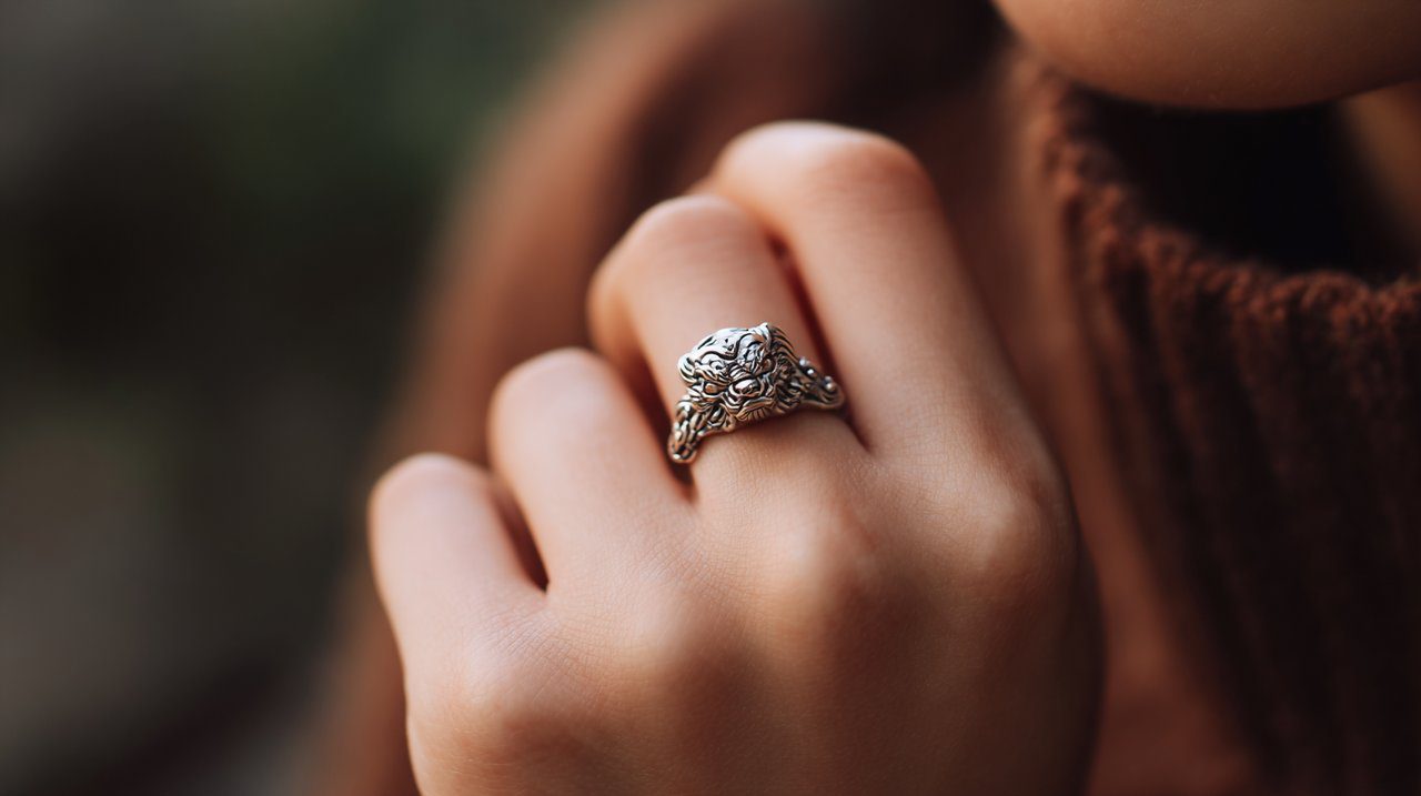 A Pixiu ring worn on a hand, with a focus on its placement.