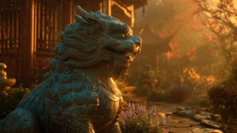 A majestic Pixiu creature in a vibrant, mystical setting.