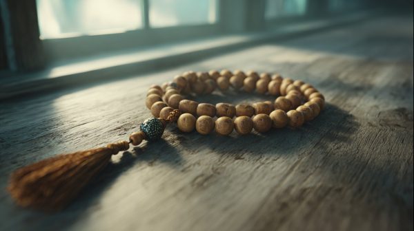 A prayer beads bracelet resting on a wooden surface with soft light.