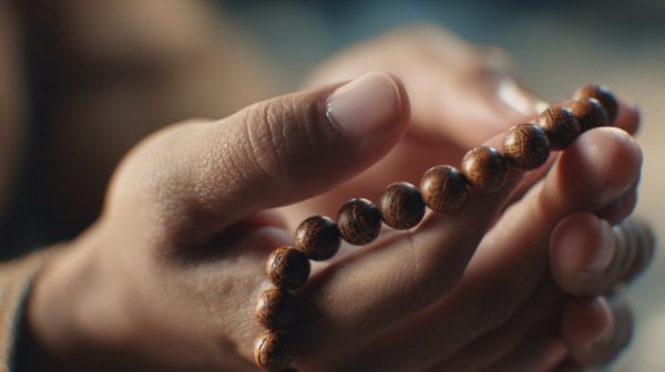 Hands holding and counting beads on a prayer beads bracelet during meditation.