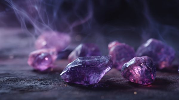 Sekelompok kristal ametis mentah yang bersinar