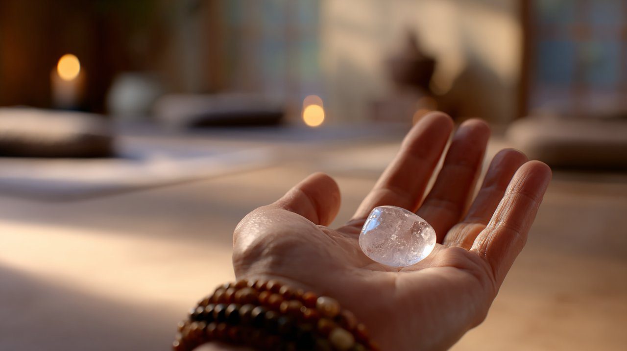 Mão segurando um quartzo transparente durante a meditação