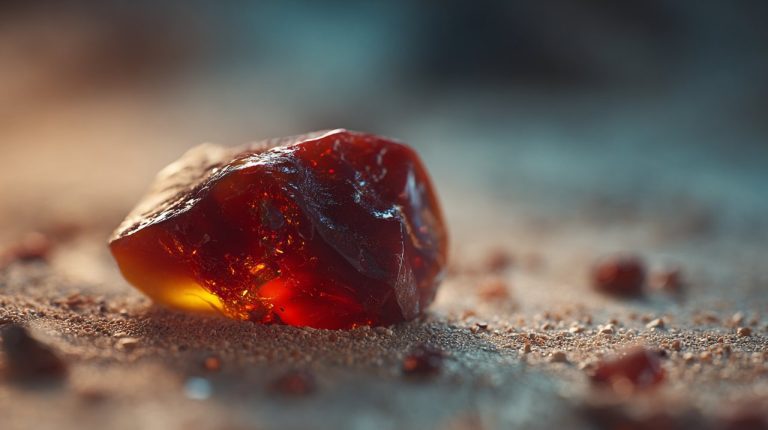 A small, natural red agate stone with a gentle glow, symbolizing grounding and vitality.