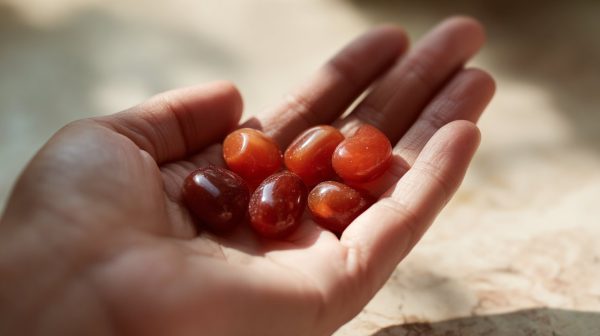 Una mano sosteniendo suavemente una piedra de ágata roja, simbolizando conexión y protección energética.