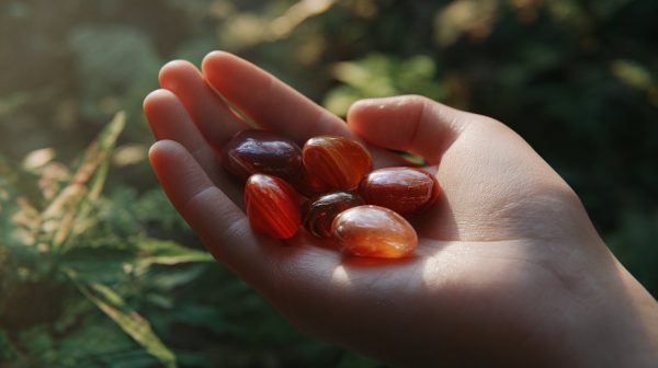 Una mano sosteniendo una piedra de ágata roja
