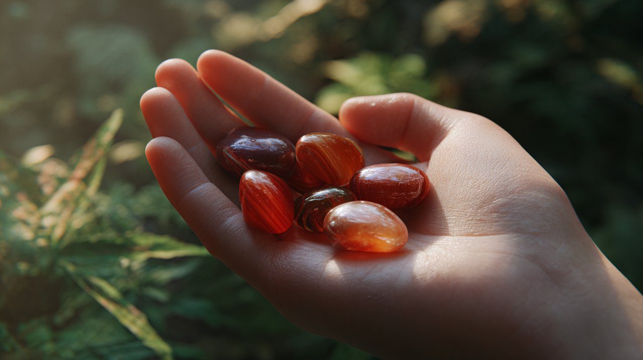 A hand holding a red agate stone