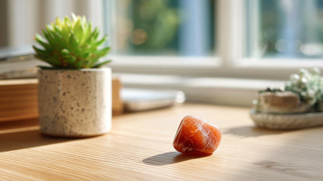 Una piedra de ágata roja sobre un escritorio de madera junto a una planta.