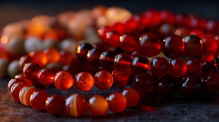 Assortment of red bead bracelets showcasing various materials.