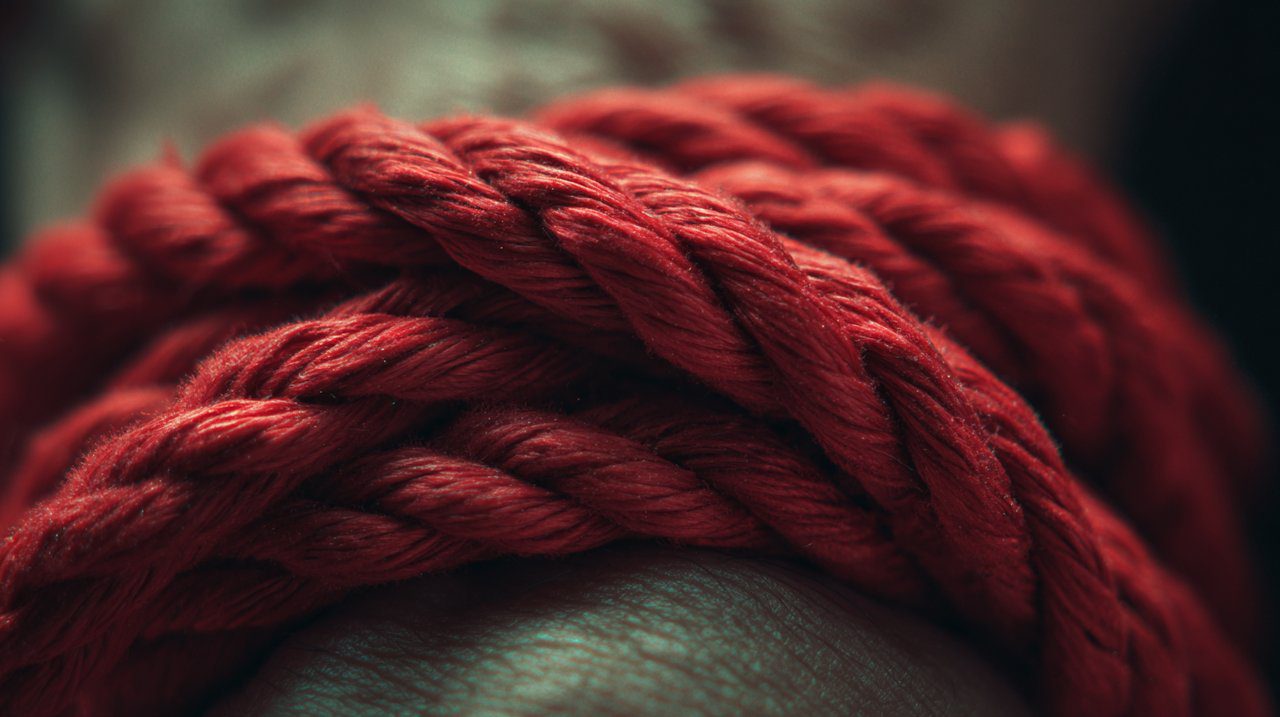 A close-up of a red rope intricately tied around a wrist, symbolizing trust and connection.