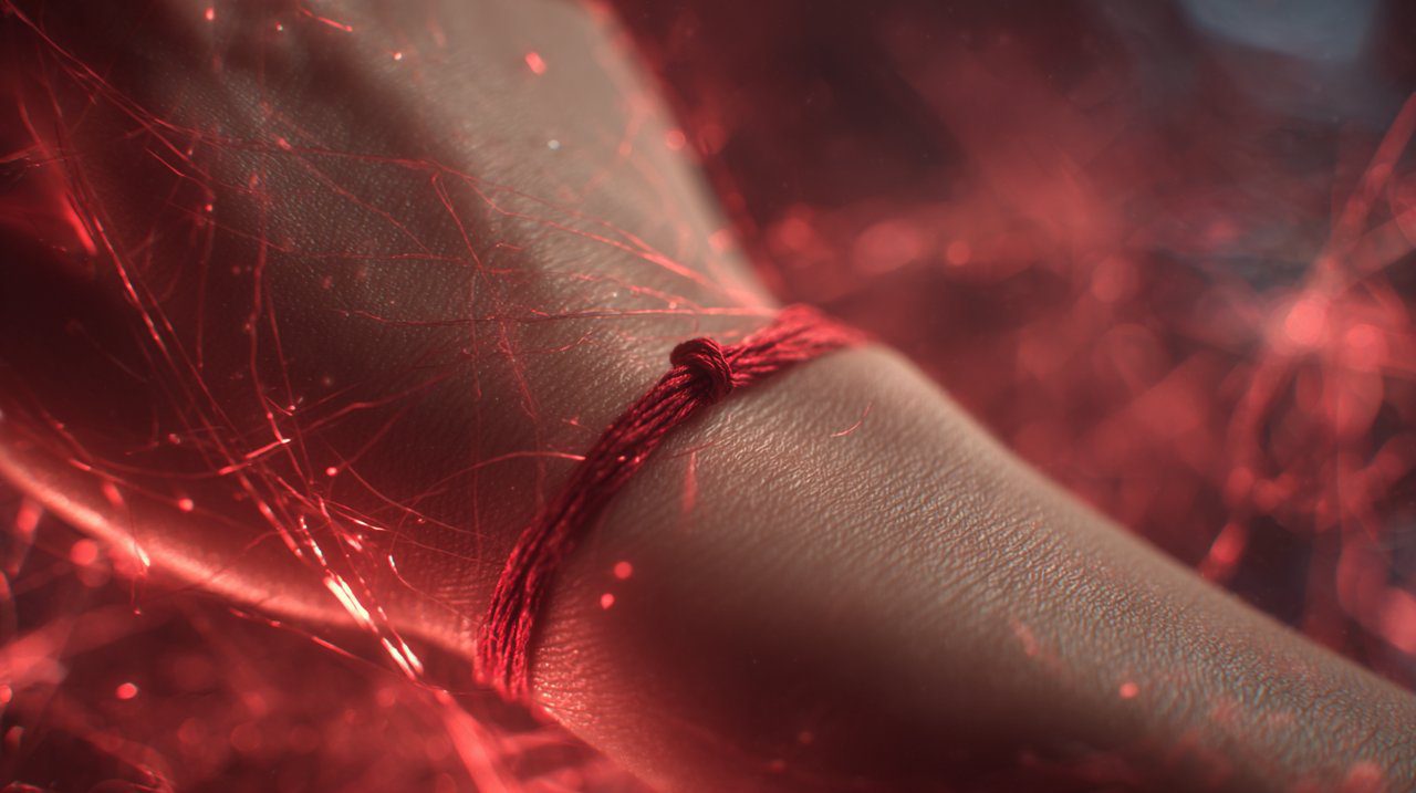 A red string bracelet on a wrist with symbolic threads in the background.