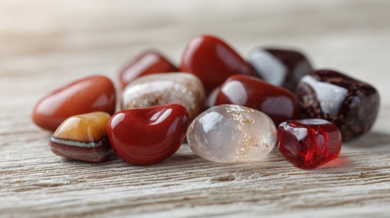 A collection of various small red tumbled crystal stones.