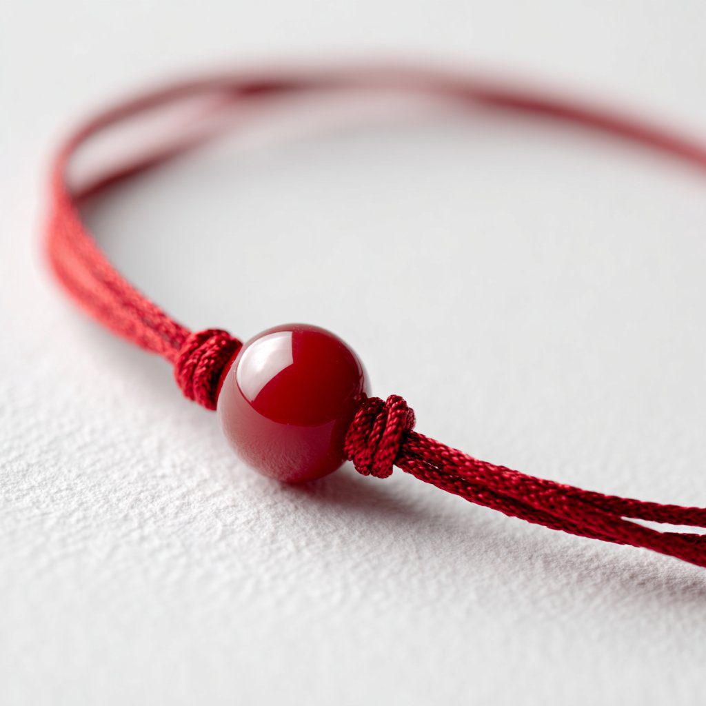 Un delicado brazalete de hilo rojo con una cuenta pulida de jade rojo.