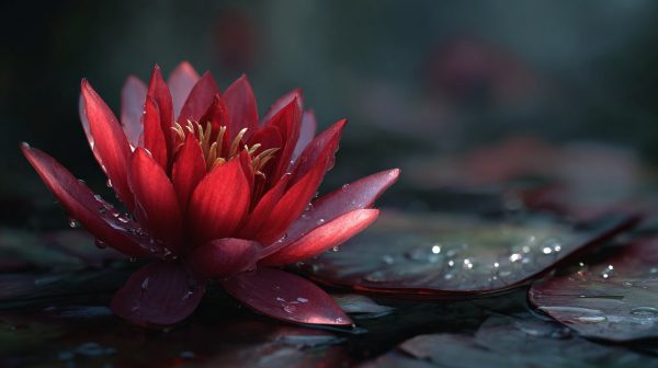 Flor de loto roja vibrante en el agua