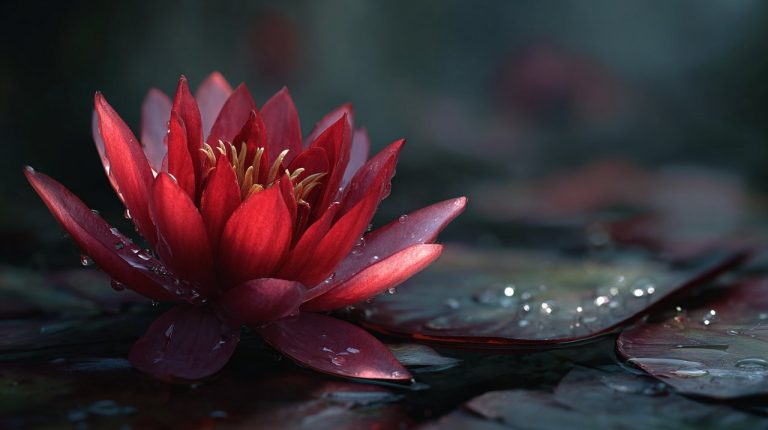 Vibrant red lotus flower in water