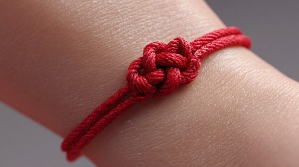 Un primer plano de una pulsera de hilo rojo con siete nudos en una muñeca