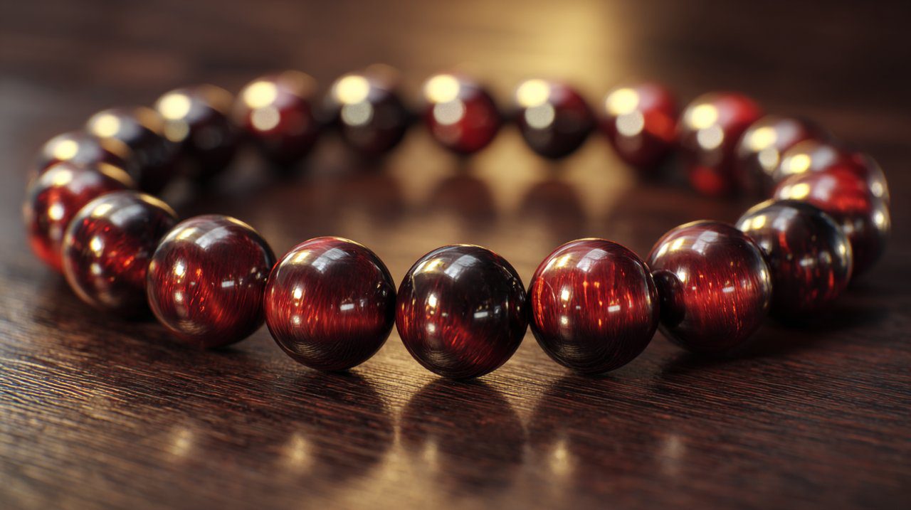 A beautiful Red Tiger Eye bracelet resting on a smooth, dark surface.