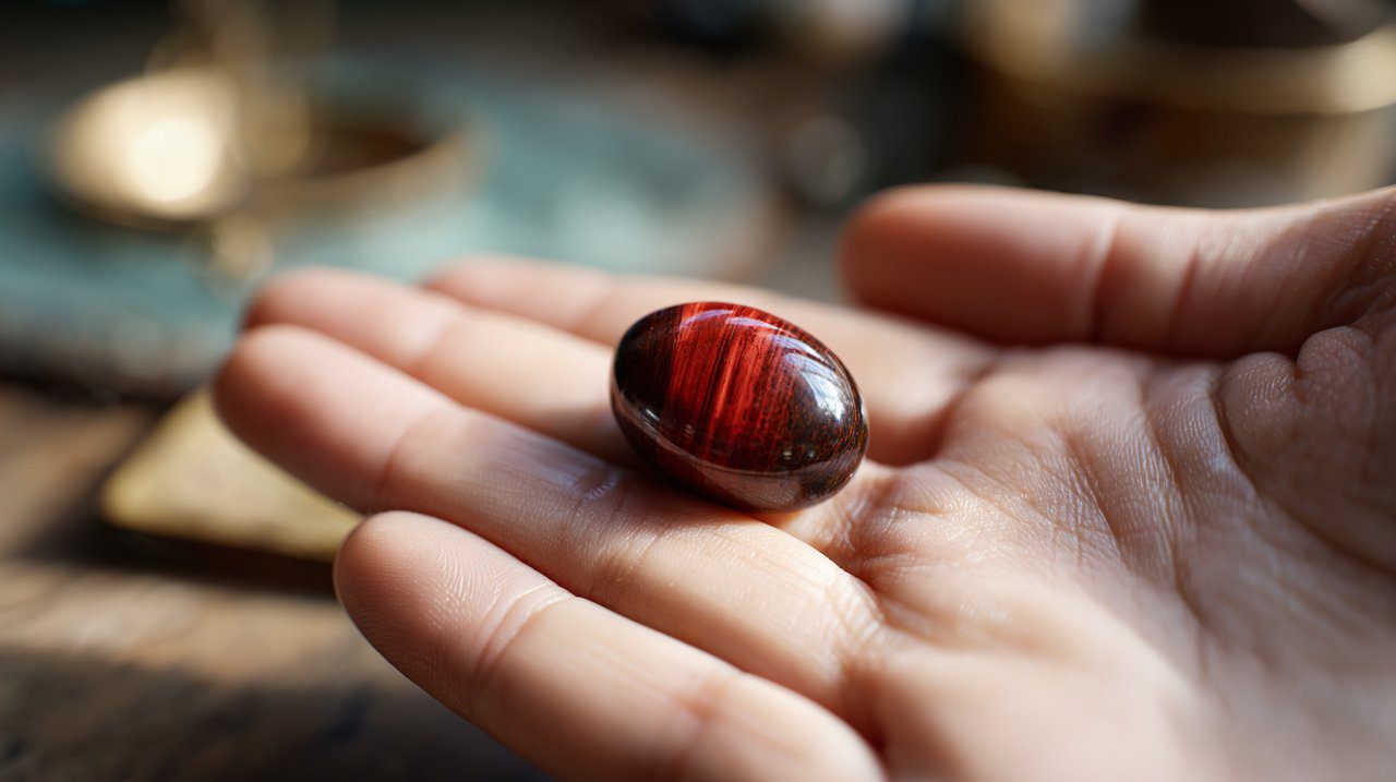 A hand holding a red tiger's eye tumbled stone.