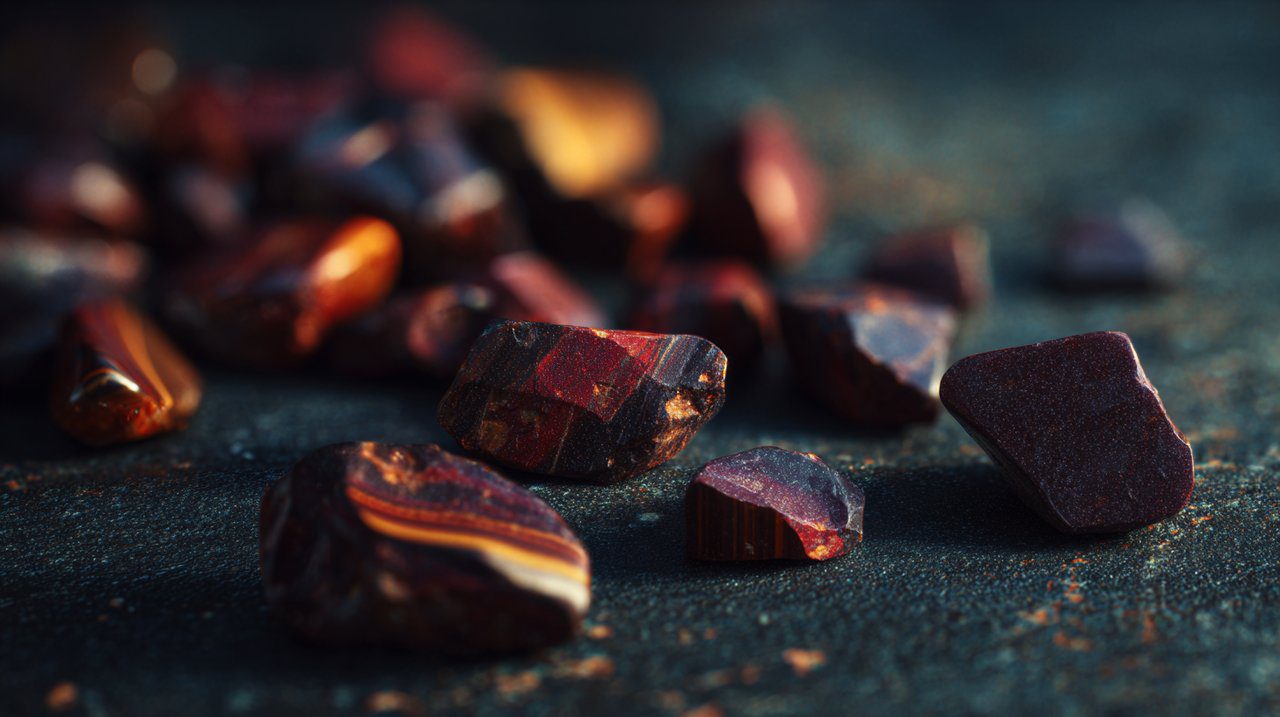 A close-up of red tiger's eye raw stones.
