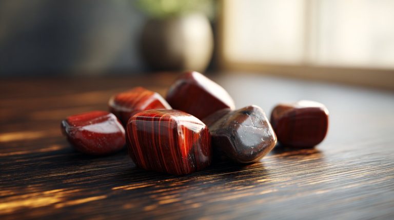 Red Tiger's Eye tumbled stones on a wooden surface.