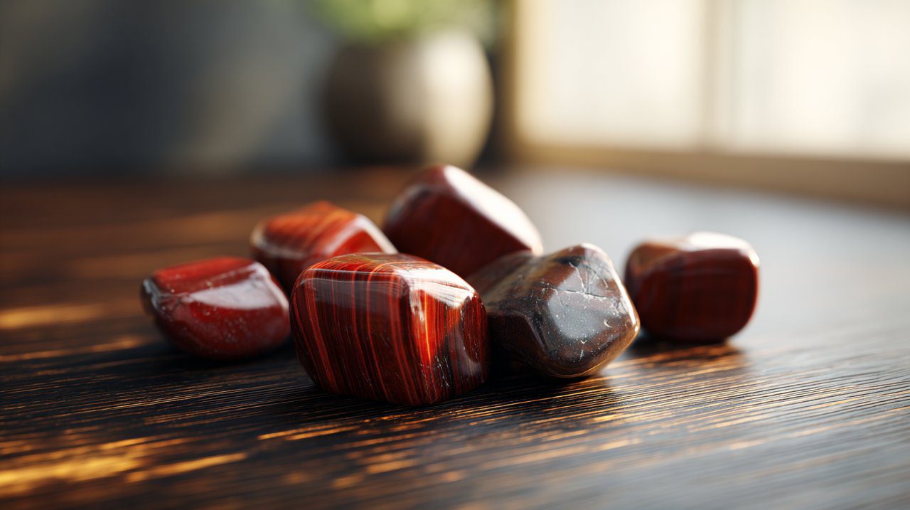 Red Tiger's Eye tumbled stones on a wooden surface.