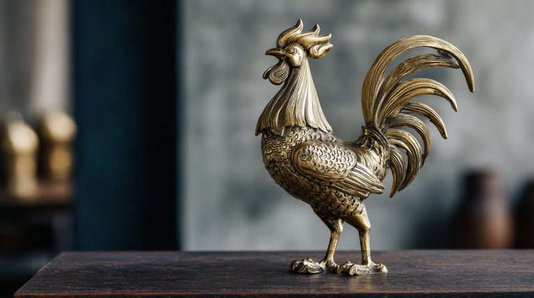 A metal rooster figurine used in feng shui.