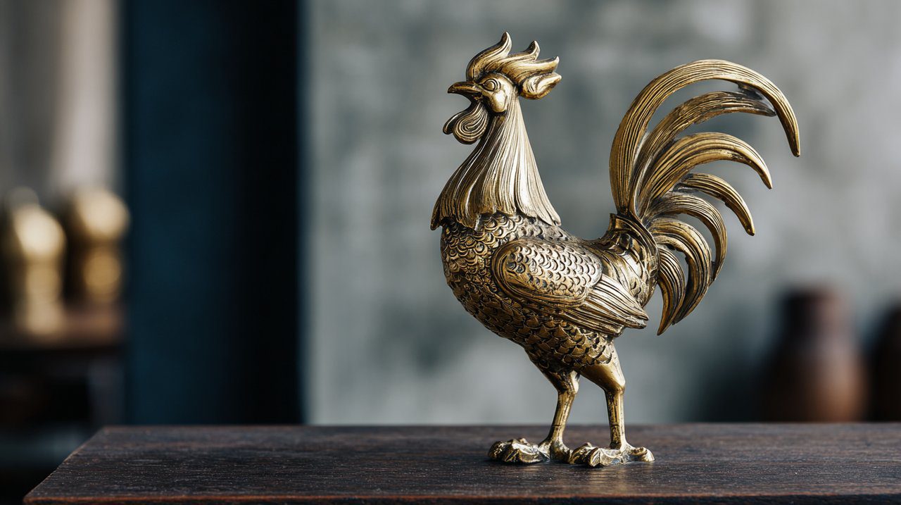 A metal rooster figurine used in feng shui.