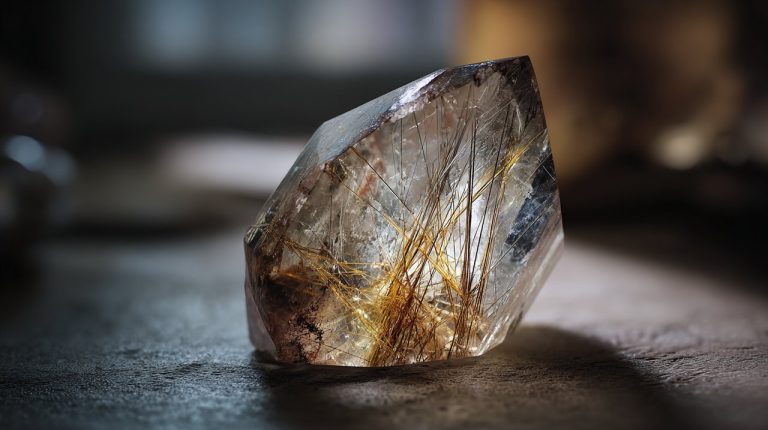 Close-up of a natural rutilated quartz crystal with golden needles