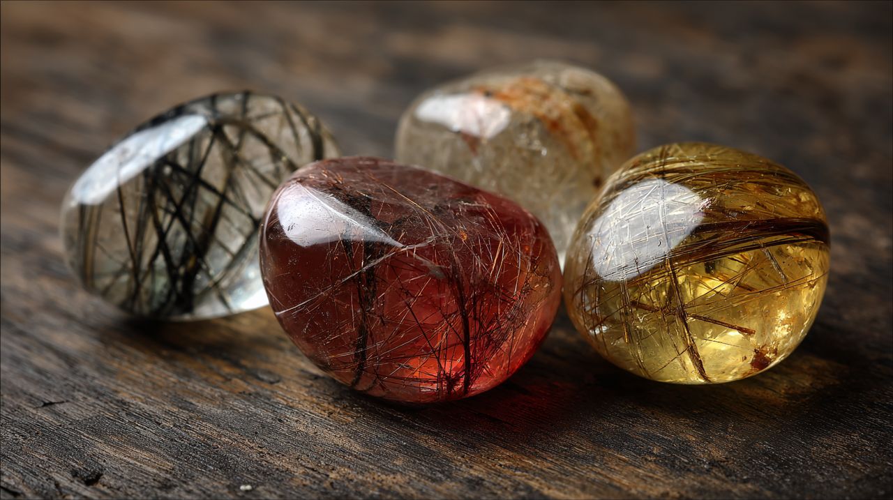 Collection of various rutilated quartz tumbled stones