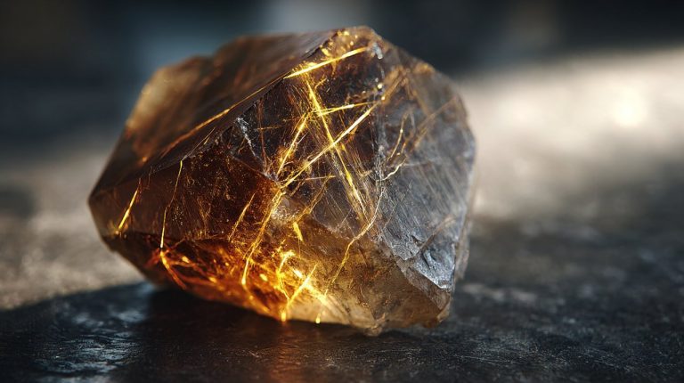 A close-up of a Rutilated Quartz crystal