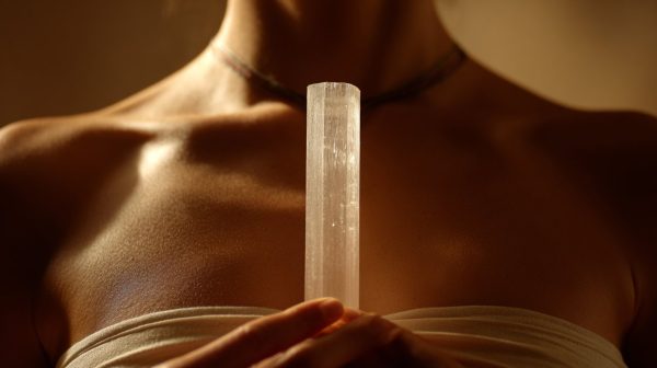 Vara de selenita colocada a lo largo de los puntos de los chakras en un cuerpo.