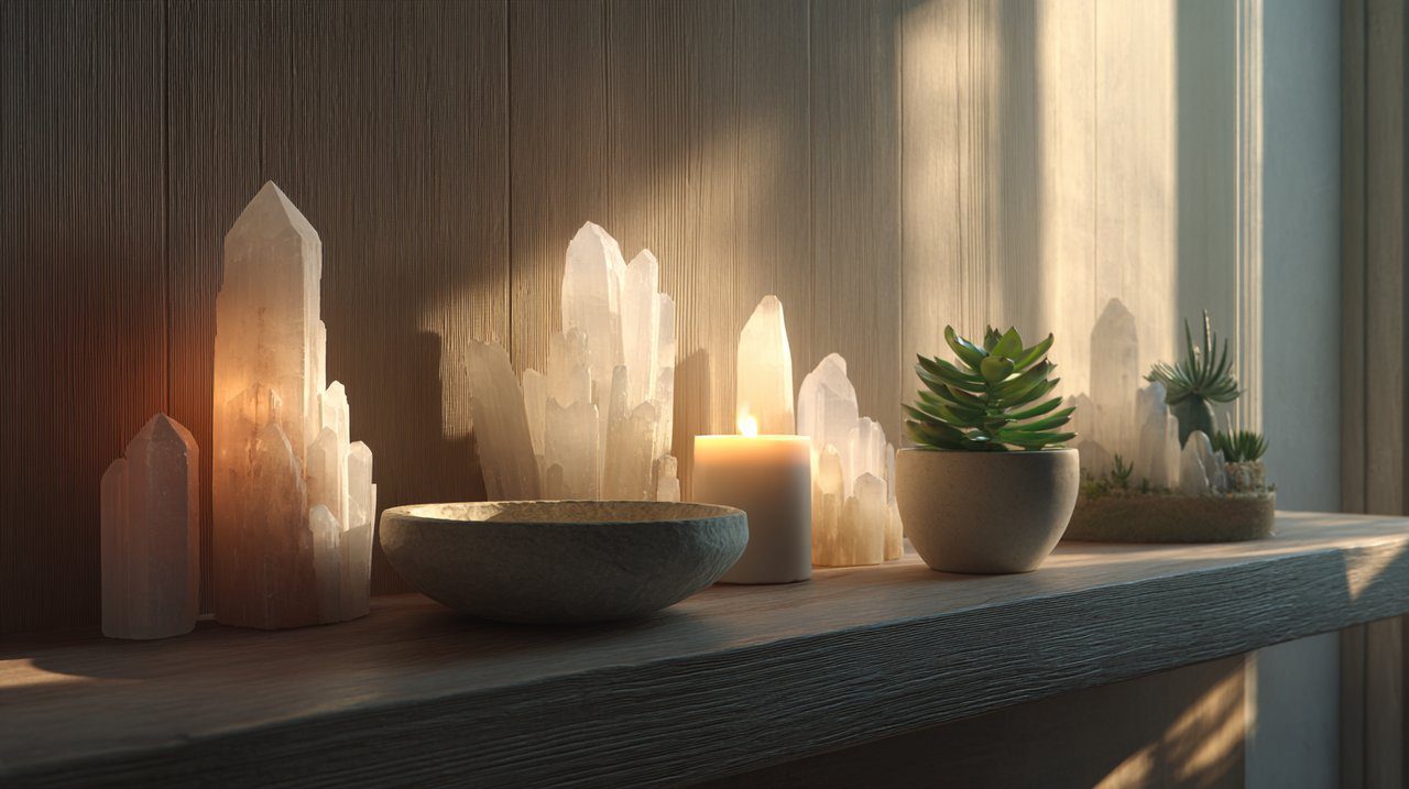 Peças de Selenite em um espaço de meditação tranquilo.