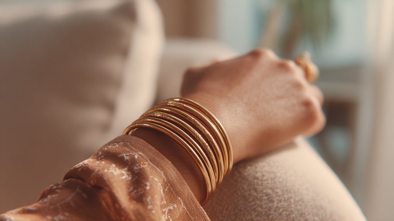 Um conjunto de sete elegantes pulseiras Semanário douradas repousando suavemente num pulso.