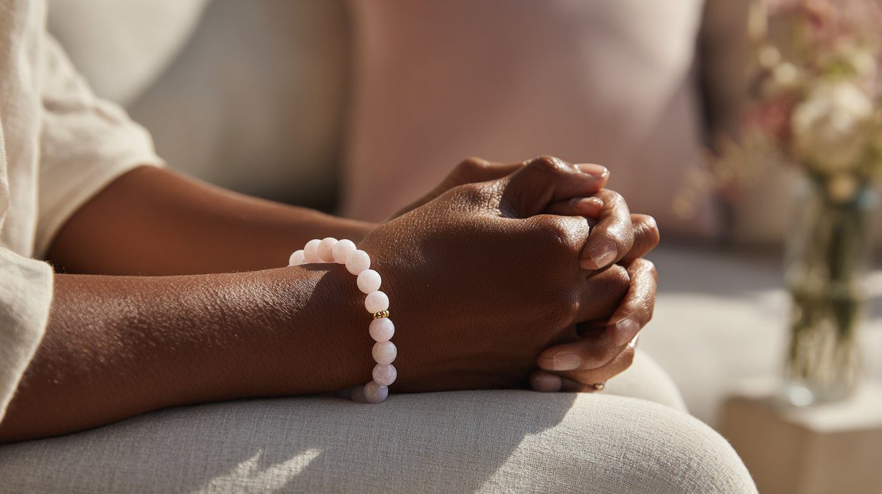 Mãos de uma pessoa com pulseiras Semanário numa pose de meditação serena.